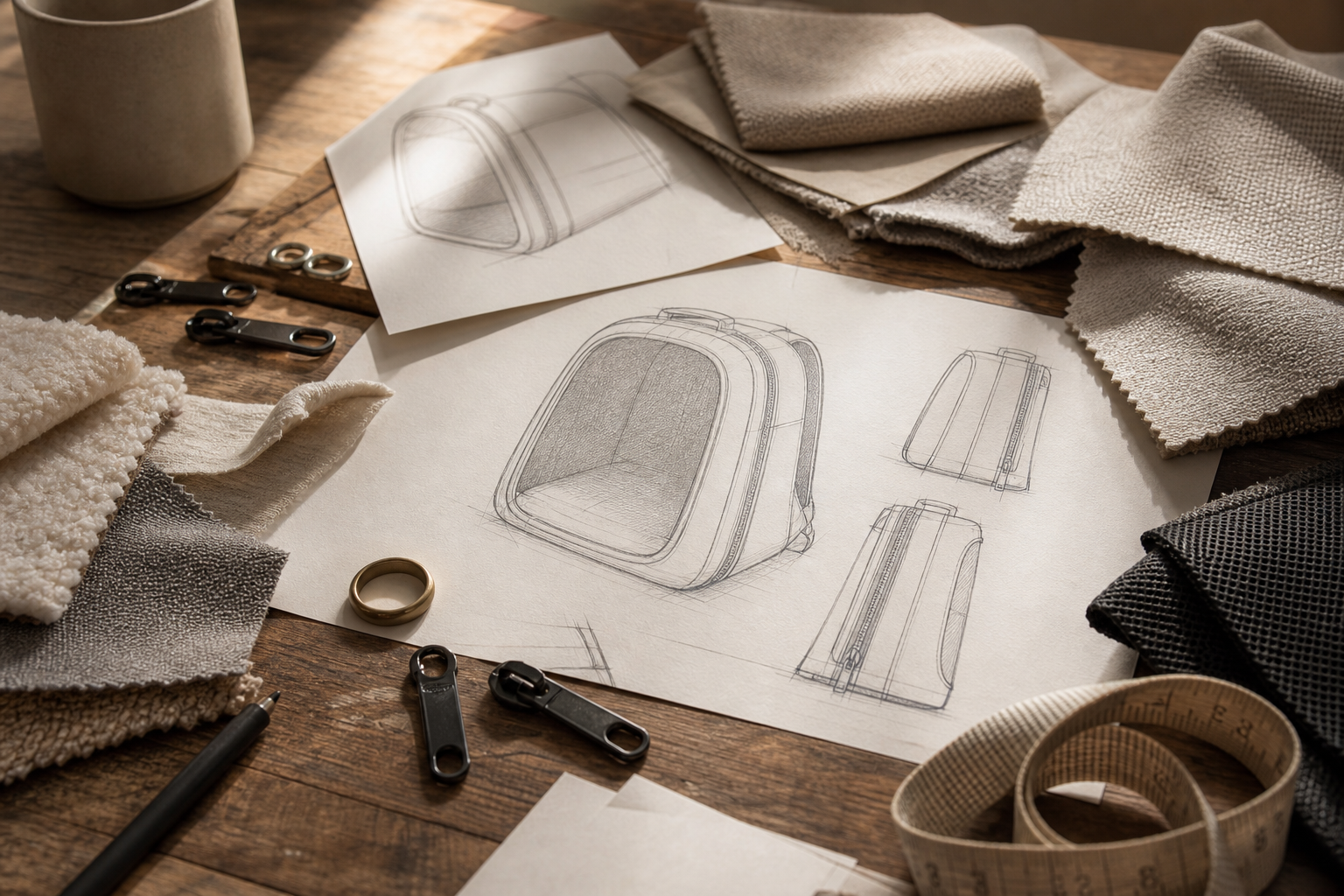 Atelierstudie mit Materialmustern und frühen Soft-Carrier-Skizzen