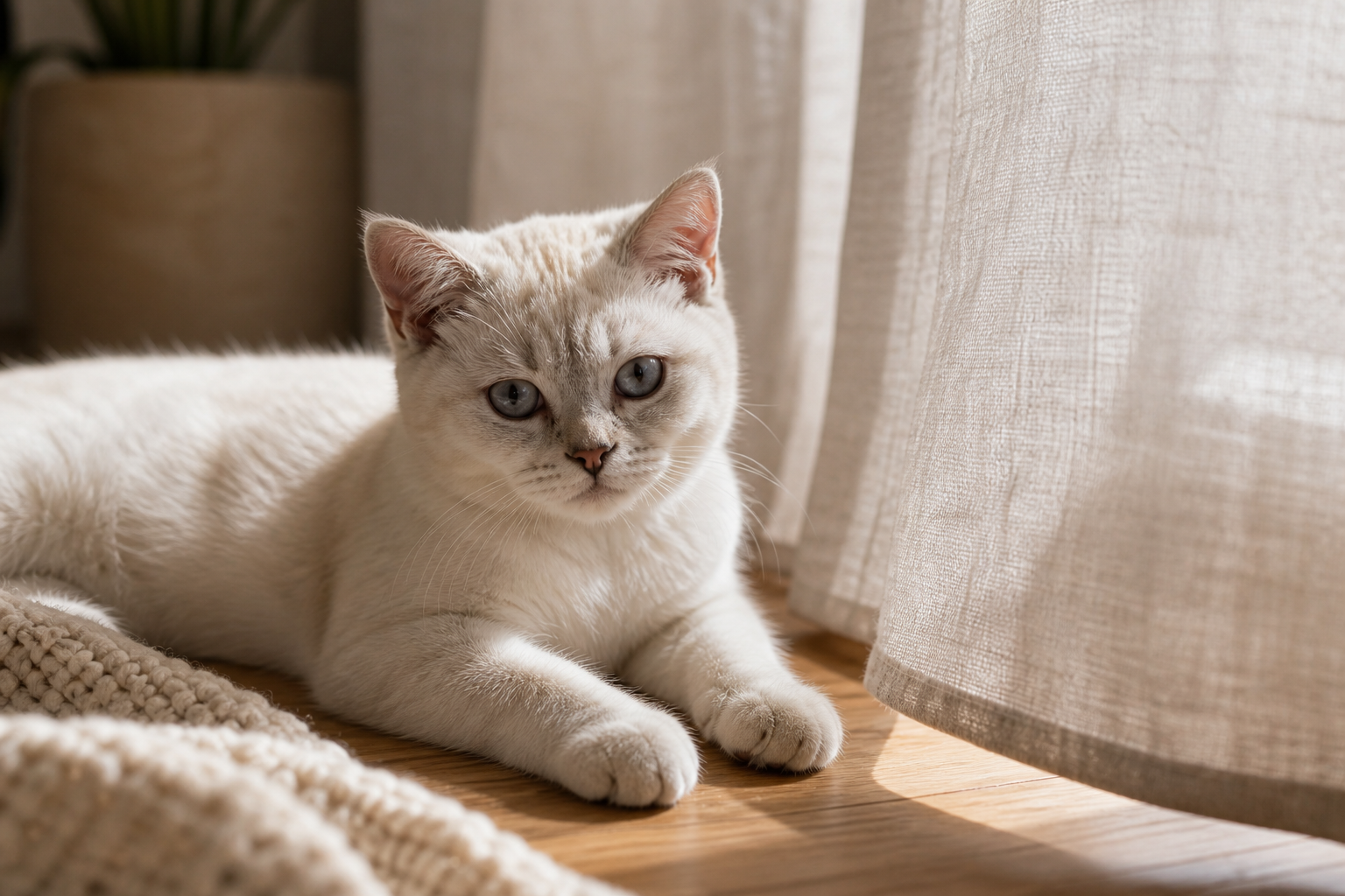 Ruhige helle Katze im warmen Zuhause