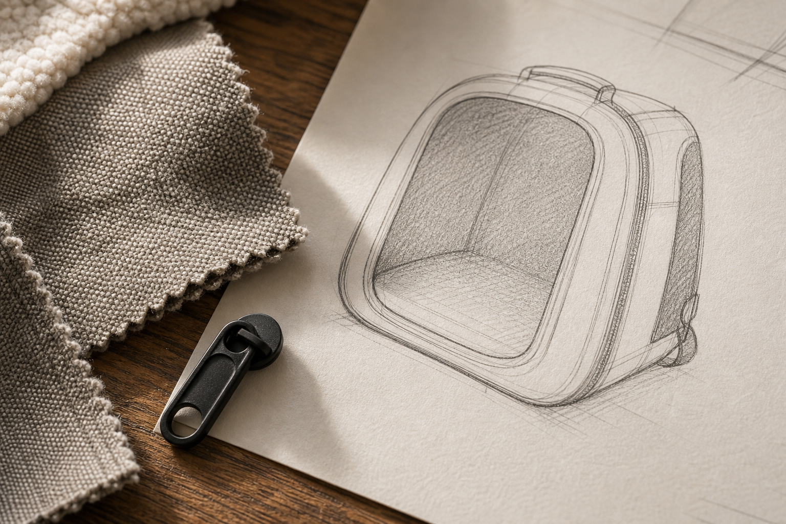 Mobile Atelierstudie mit Soft-Carrier-Skizze und Materialmustern